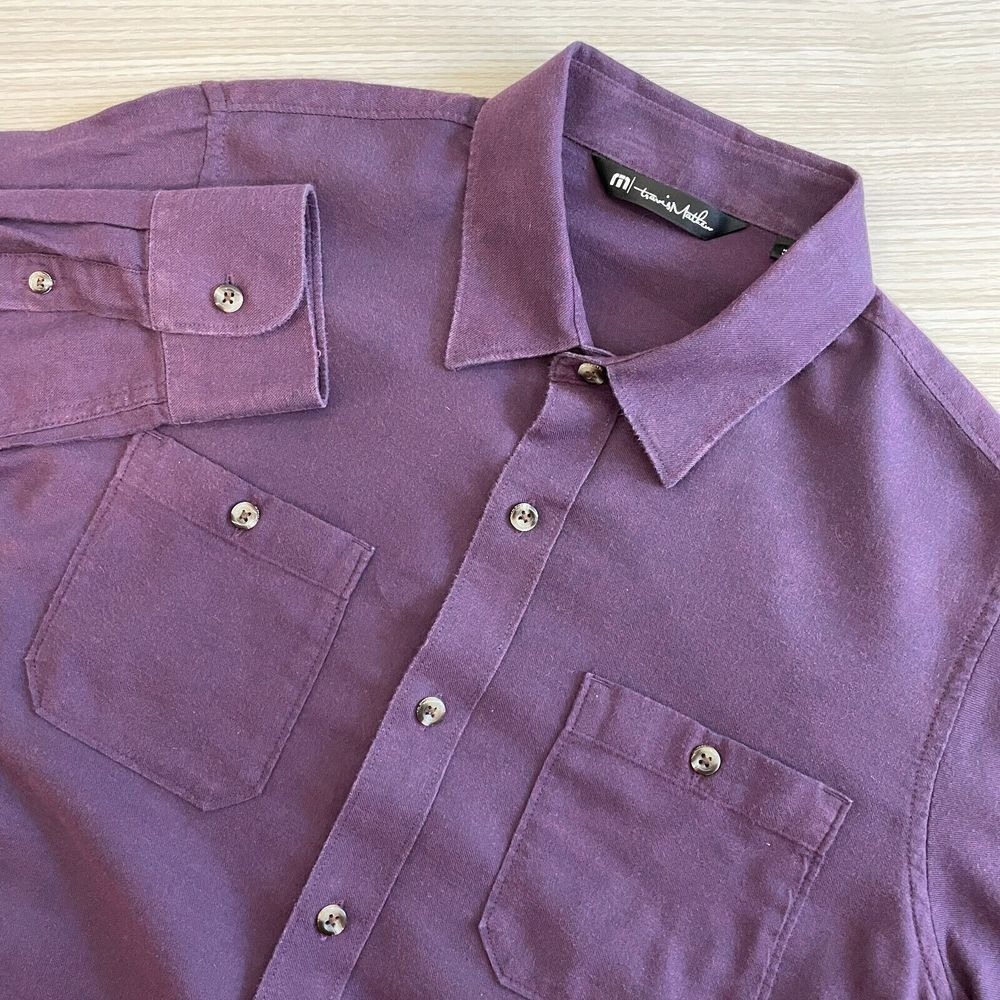 TravisMathew Mens Small Purple Cotton Long Sleeve Button Down Shirt Dual Pockets